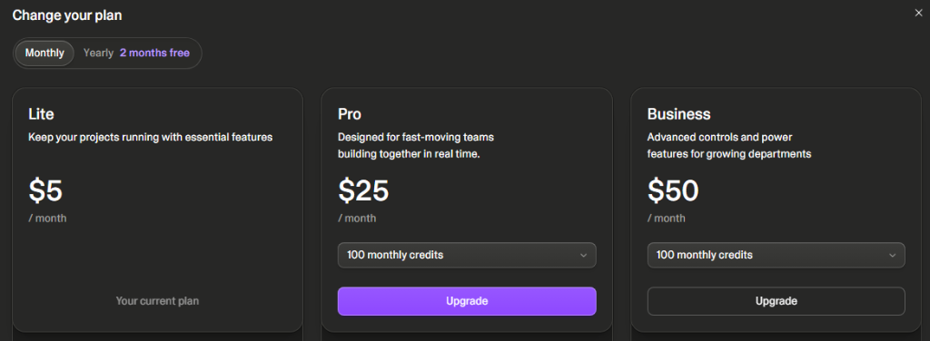 Official Lovable Subscription Plans - Lite $5, Pro $25, Business $50